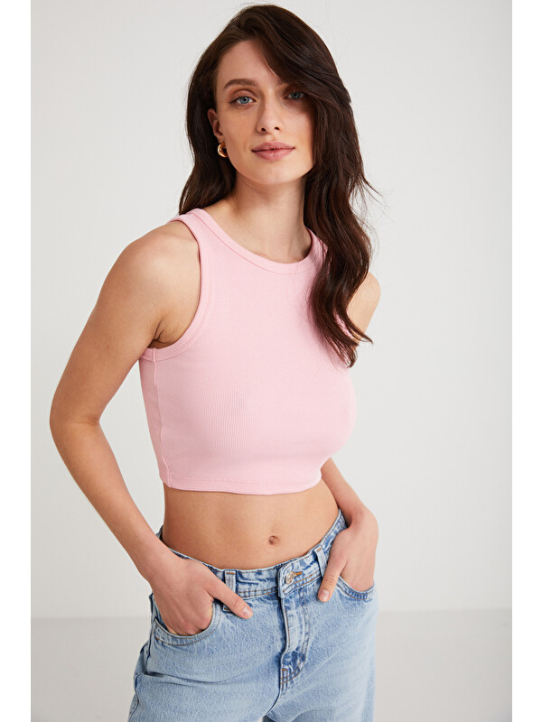 ETHIQUET JOYCE Kadın Slim Fit Dar Kalıp Sıfır Kol Bisiklet Yaka Örme Crop PEMBE Atlet