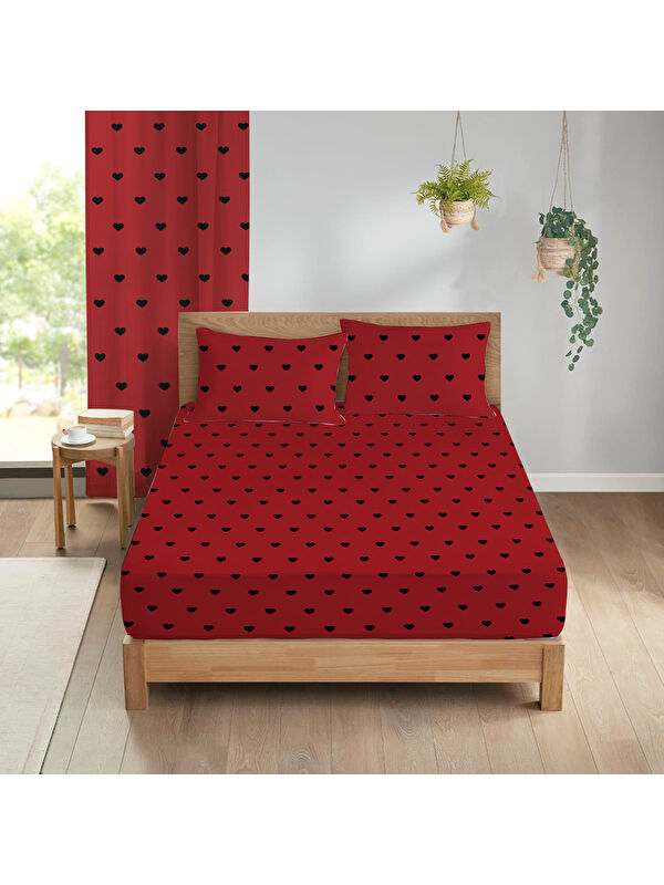 Evmila Kalp Desenli Baskılı 180x200 Çift Kişilik Lastikli Çarşaf Seti