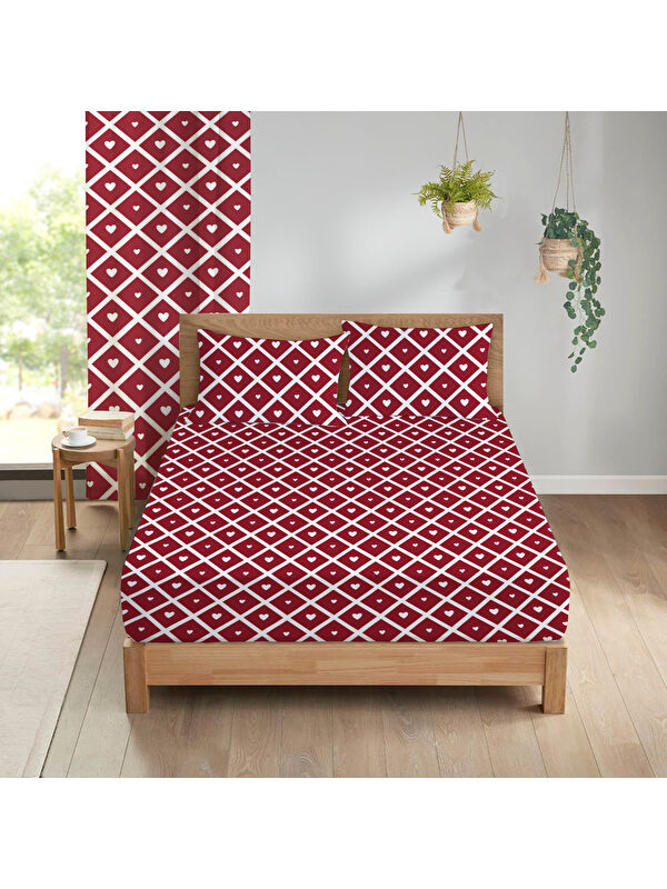 Evmila Kalp Desenli Baskılı 180x200 Çift Kişilik Lastikli Çarşaf Seti