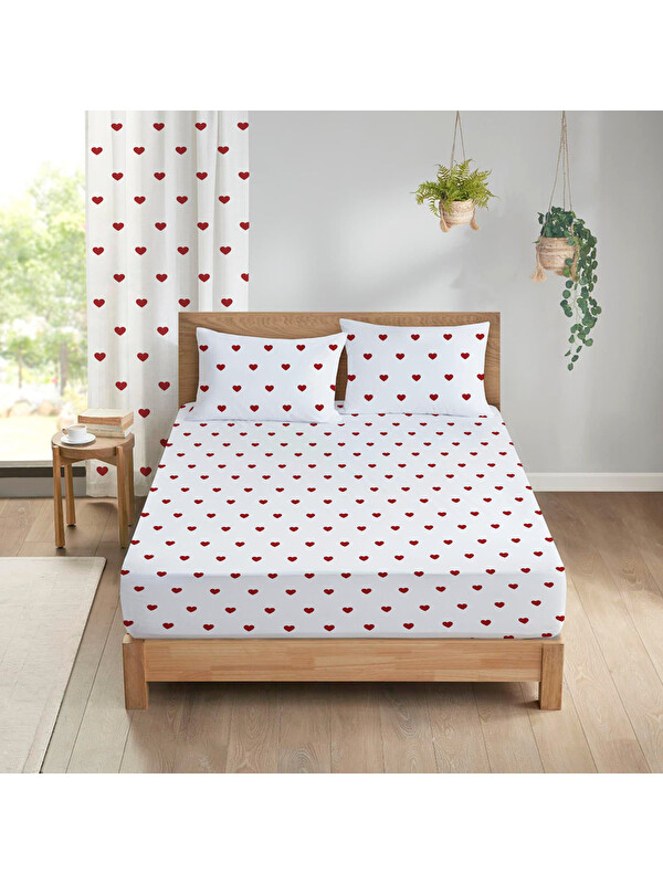 Evmila Kalp Desenli Baskılı 180x200 Çift Kişilik Lastikli Çarşaf Seti