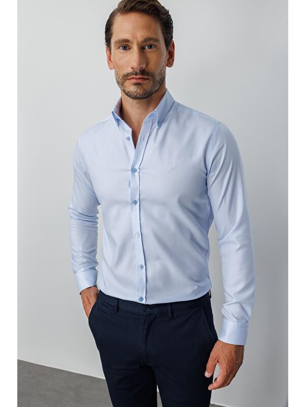 igs Mavi Slim Fit Dar Kalıp Klasik Yaka Düz Uzun Kollu Cepsiz %100 Pamuk Non Iron Ütü İstemeyen Gömlek