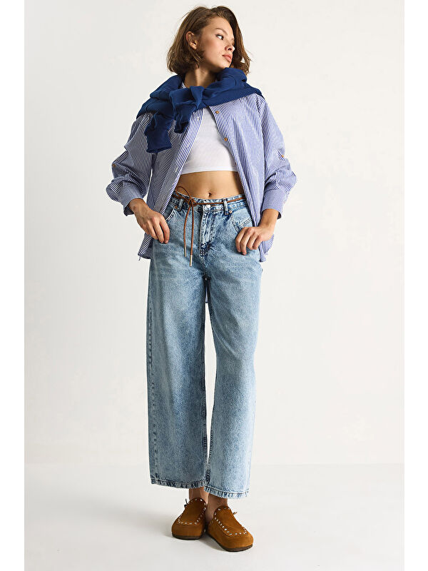 SHADE Kadın Geniş Paça Yüksek Bel Deri İp Kemerli Denim Pantolon