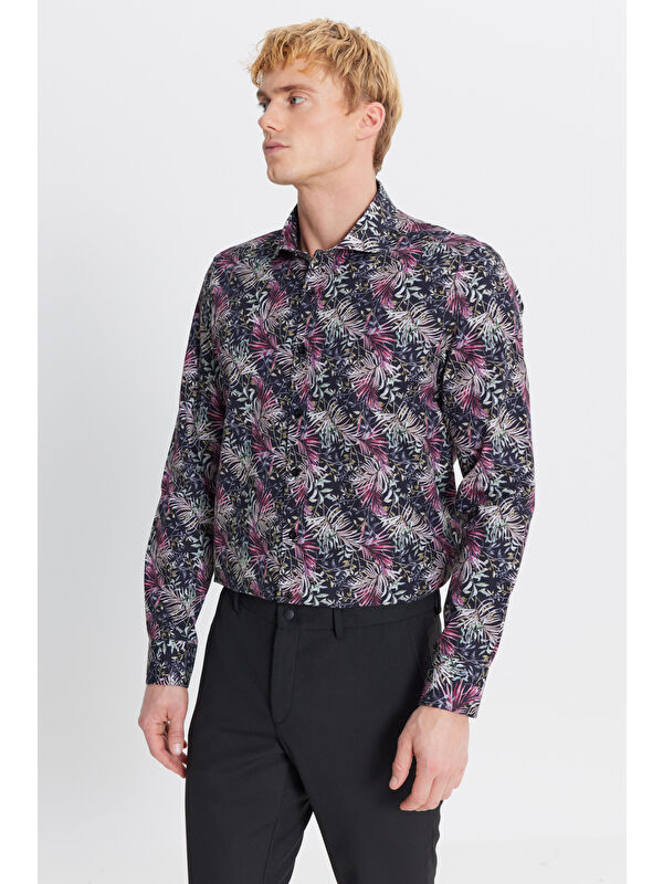 AC&Co / Altınyıldız Classics Erkek SIYAH KIRMIZI %100 Pamuk Slim Fit Büyük İtalyan Yaka Baskılı Gömlek