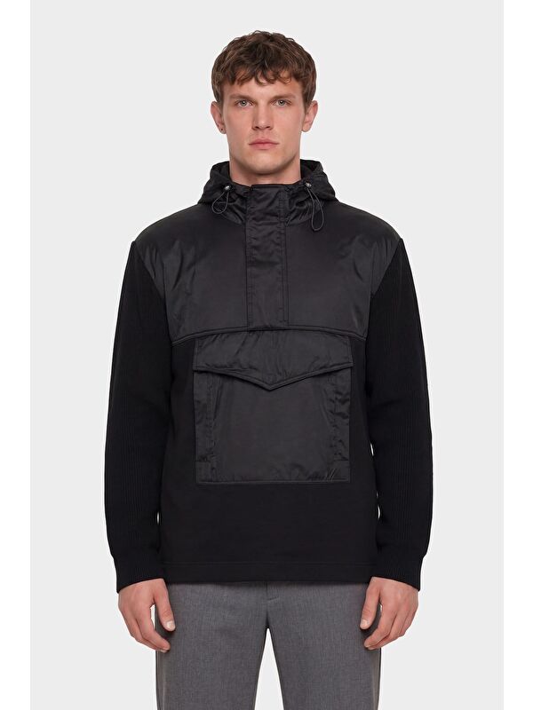 Sabri Özel Giotelli Erkek Siyah Normal Kesim Regular Fit Fleto Kapaklı Cep Kapüşonlu Sweatshirt