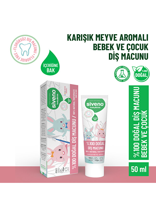 Siveno %100 Doğal Diş Macunu Bebek ve Çocuk İçin Karışık Meyve Aromalı Florürsüz 50 ml