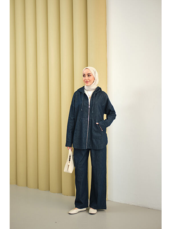 Locco Moda Kadın Kapüşonlu Jean Takım Lacivert