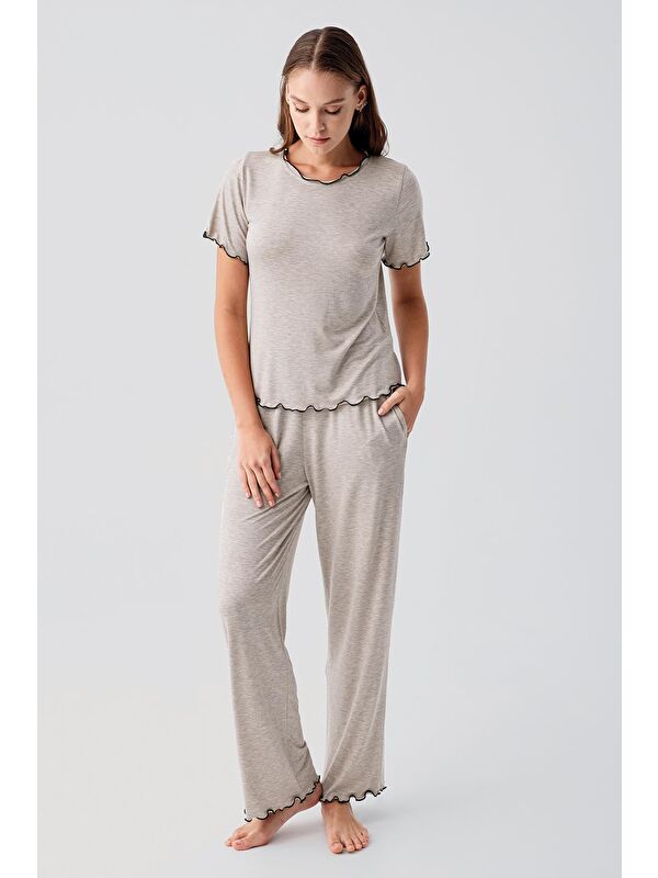 Artış Kısa Kollu Fırfır Detaylı Rahat Esnek Elastanlı Viskoz Soft Pijama Takım 19211
