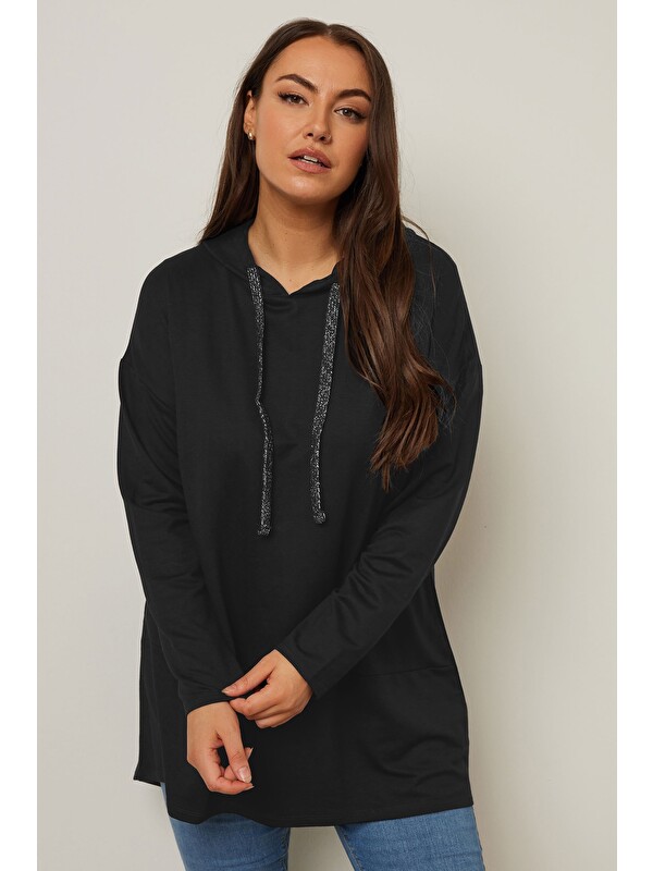 Stil Diva Büyük Beden Kapüşonlu Uzun Kollu Asimetrik Kesim Uzun Sweatshirt 304048