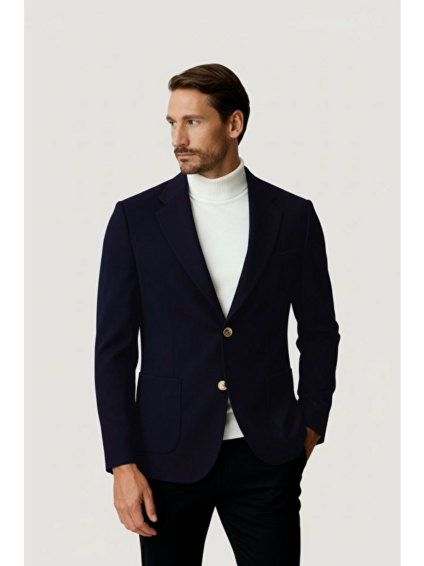igs Lacivert Mono Yaka Slim Fit Dar Kalıp Erkek Ceket