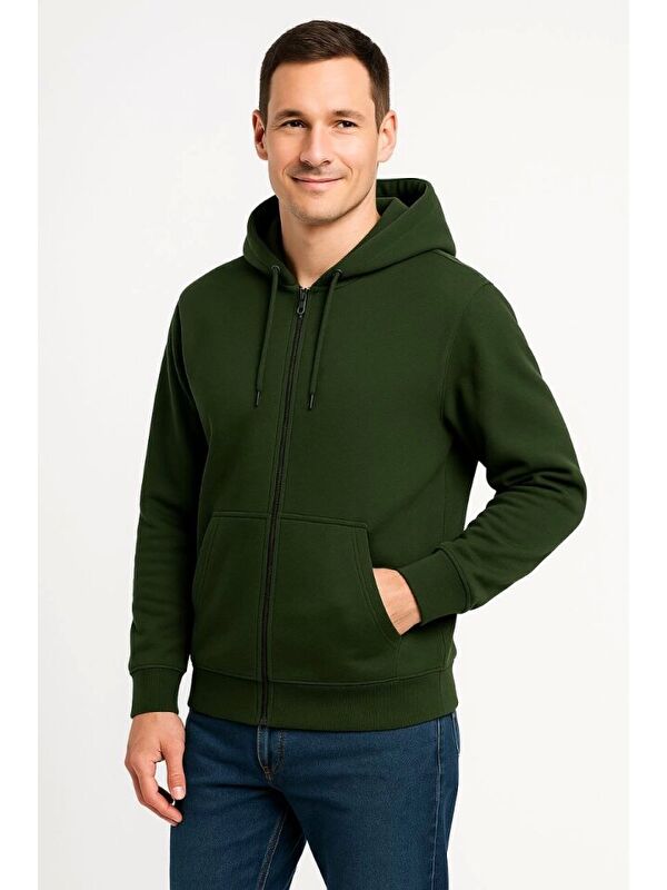 Jane's Erkek Üç İplik Kapüşonlu Tam Fermuarlı Kanguru Çepli SweatShirt Hoodie - Haki