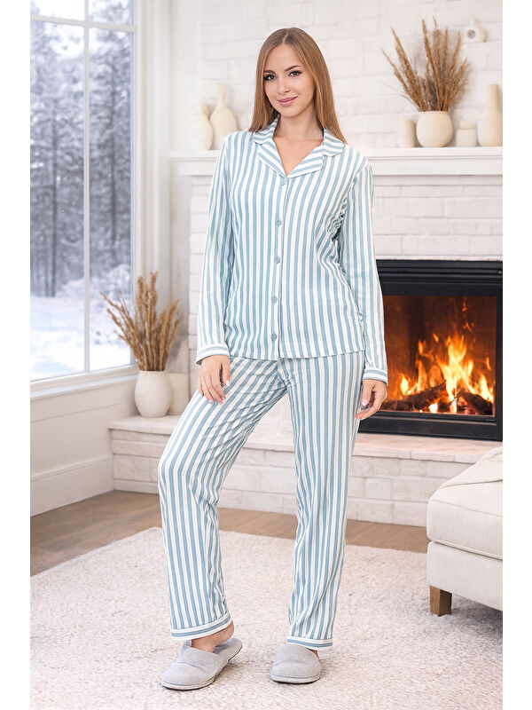 Remsa Kadın Çizgili Desen Önü Düğmeli Suprem Pijama Takımı 0490 Yeşil01