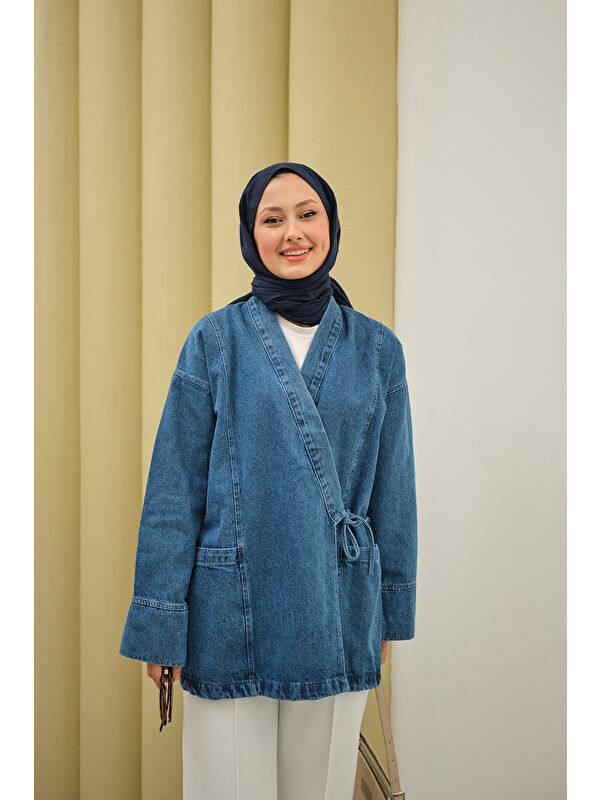 Locco Moda Kadın Yandan Bağlamalı Jean Kimono Buz Mavi