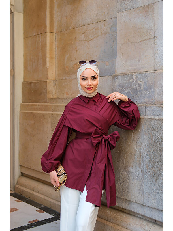 Locco Moda Kadın Omuz Bağlamalı Poplin Gömlek Bordo