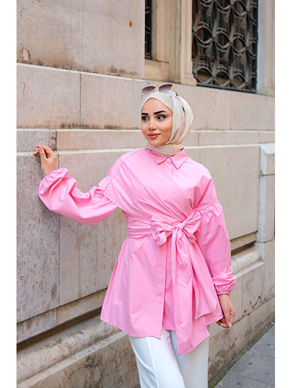 Locco Moda Kadın Omuz Bağlamalı Poplin Gömlek Pembe