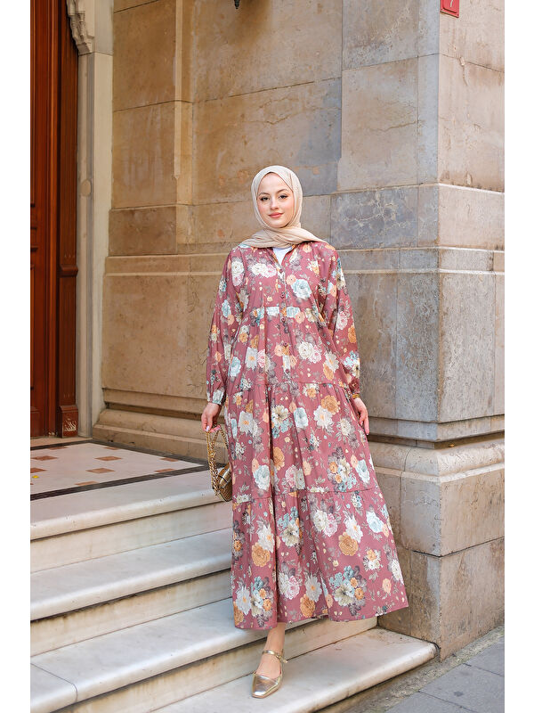 Locco Moda Kadın Rose Desenli Elbise Kahverengi