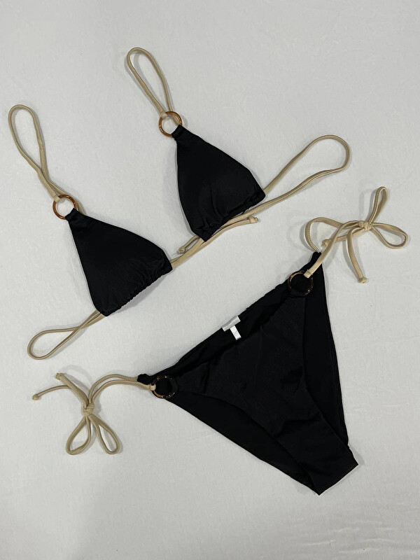 Hazelin Kadın Siyah Halka Detaylı İp Bağlamalı Astarlı Bikini Takım HZL25S-AR1617