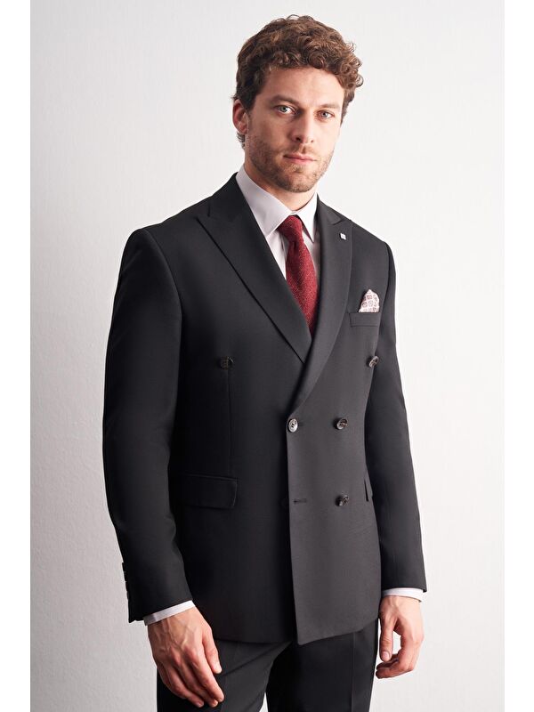 İMZA Siyah Kılıç Yaka Tam Astar 6 Drop Slim Fit Kruvaze Takım Elbise 1001255158