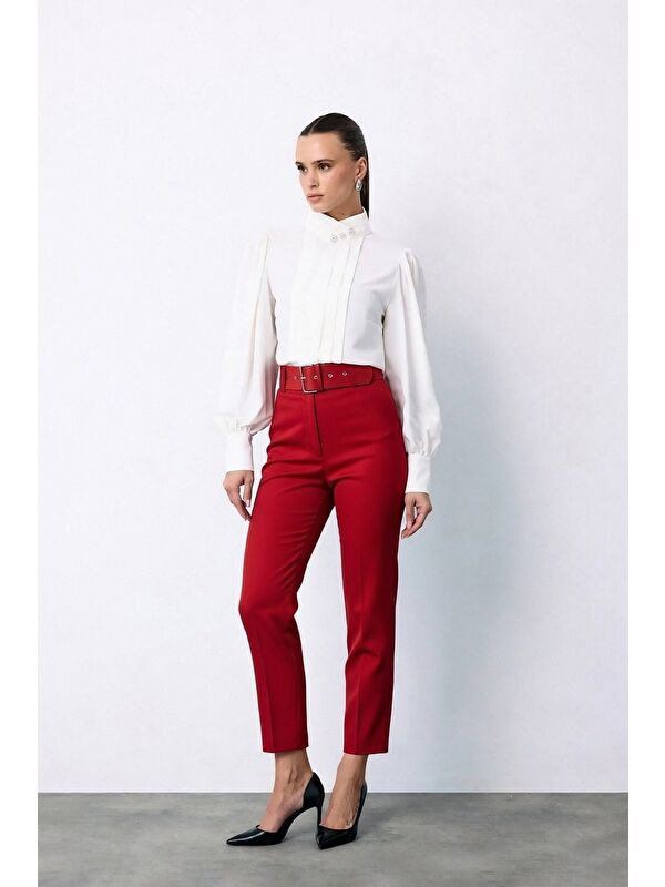 SATEEN Yüksek Bel Kemerli Pantolon - Fuşya