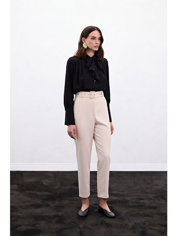 SATEEN Kemerli Pantolon - Bej