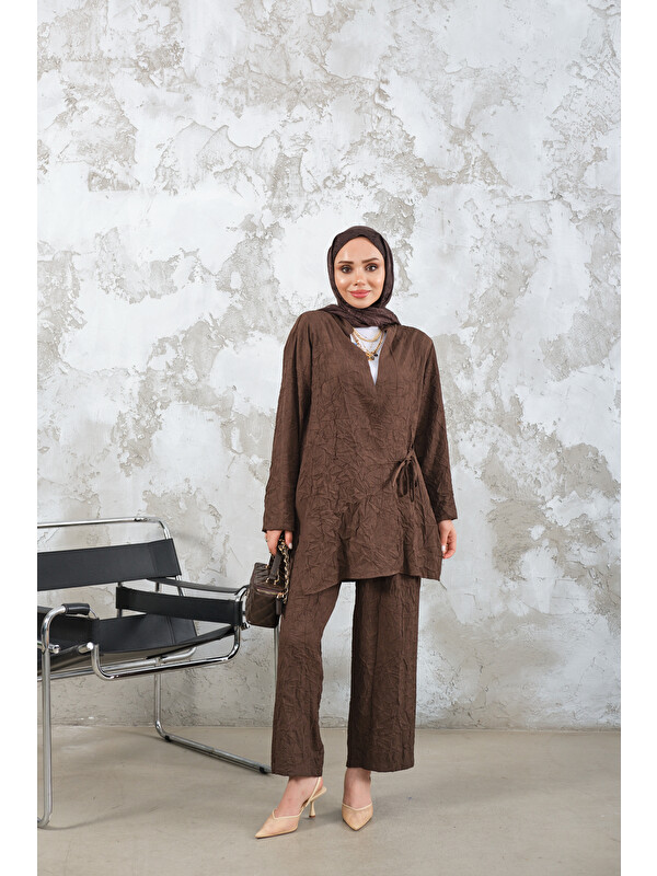 Locco Moda Kadın Kendinden Desenli Kimono Takım Kahverengi