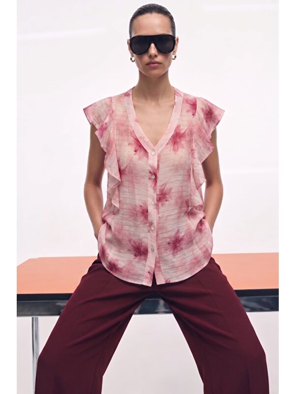 SATEEN Fırfır Detaylı Gömlek - Pembe