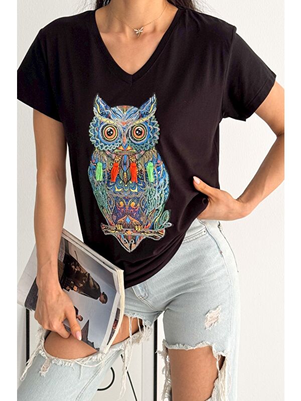 Chiccy Siyah V Yaka Kısa Kol Pul Payet Aplikeli Örme Regular Fit T-Shirt