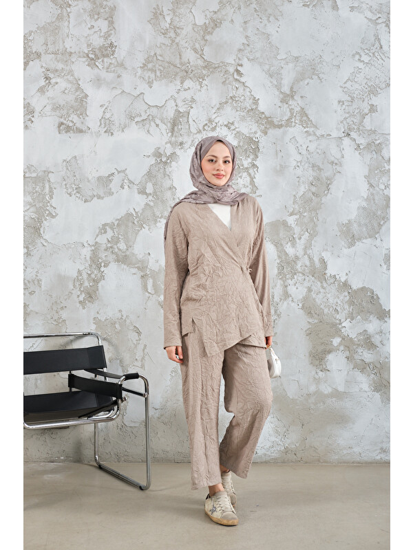 Locco Moda Kadın Kendinden Desenli Kimono Takım Taş