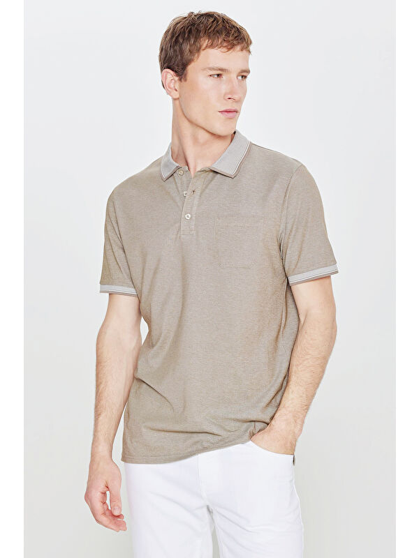 AC&Co / Altınyıldız Classics Erkek Nefti-Beyaz Pamuklu Comfort Fit Rahat Kesim Polo Yaka Cepli Tişört
