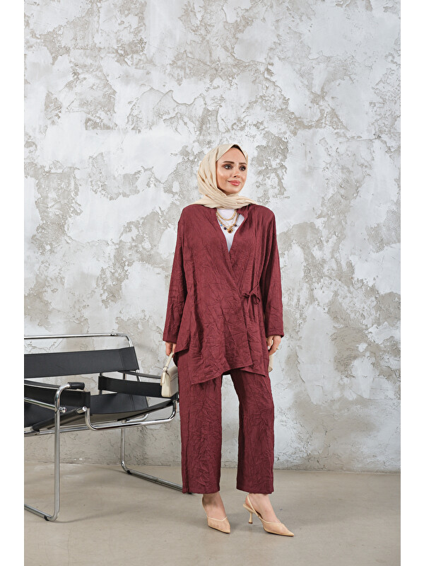 Locco Moda Kadın Kendinden Desenli Kimono Takım Bordo