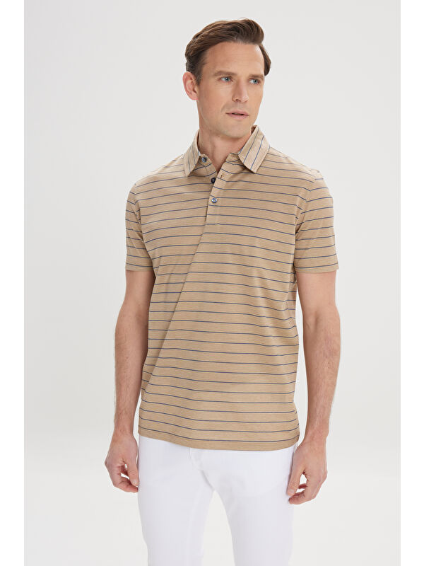 Altınyıldız Classics Erkek Vizon-Lacivert Regular Fit Rahat Kesim %100 Pamuk Çizgili Polo Yaka Tişört