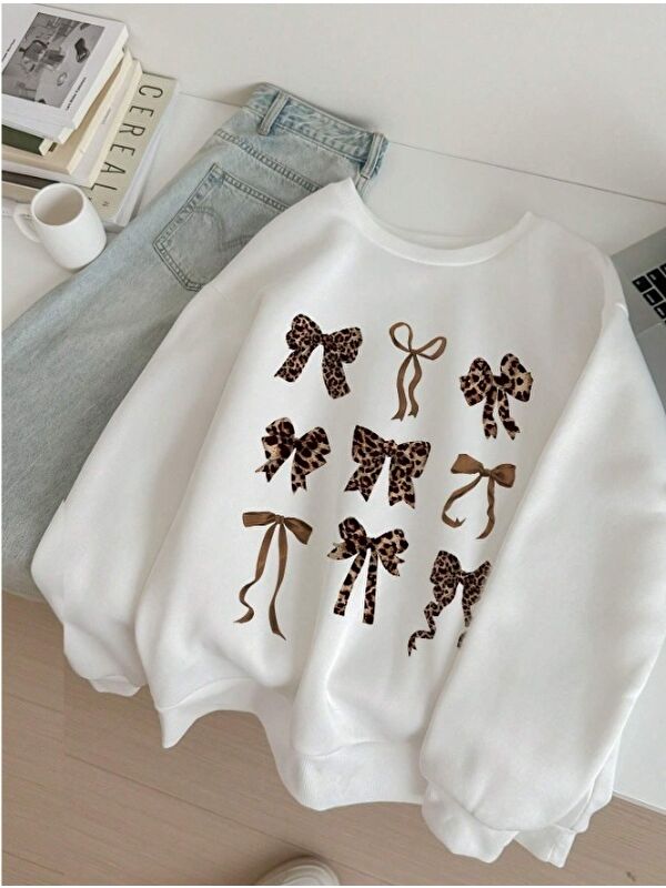 carla10 Leopar Fiyonk Desenli Üç İplik Oversize Sweatshirt