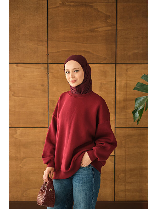Locco Moda Kadın Bisiklet Yaka Sweat Bordo