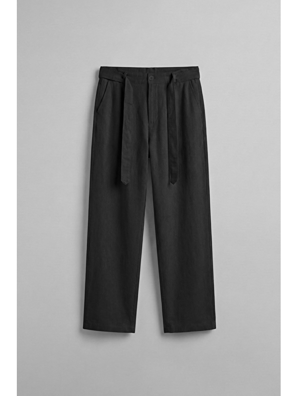 Abluka Online Erkek Baggy Kuşaklı Beli Lastikli Pamuklu Pantolon Siyah
