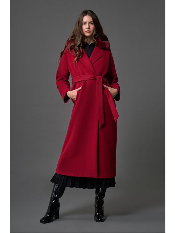 Mizalle Yaka Kürklü Premium Bordo Kaban