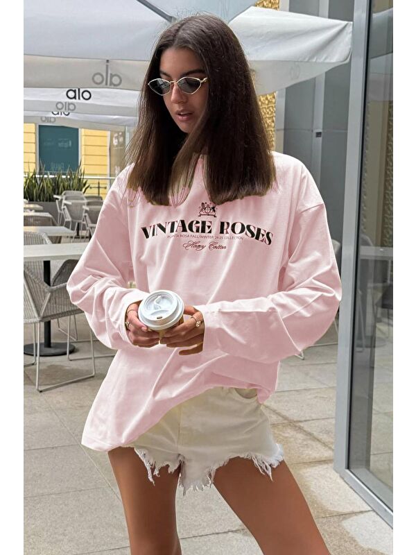 Madmext Pembe %100 Pamuklu Baskılı Uzun Kollu Tişört Mg2451