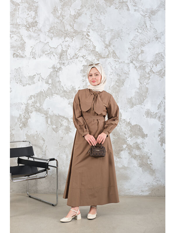 Locco Moda Kadın Bel Bağlamalı Elbise Vizon