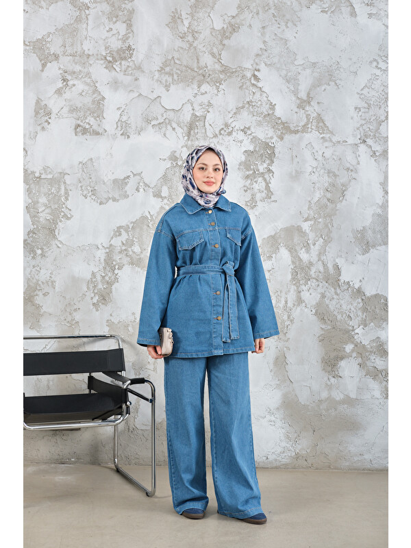 Locco Moda Kadın Cep Detay Bel Bağlamalı Jean Takım Mavi