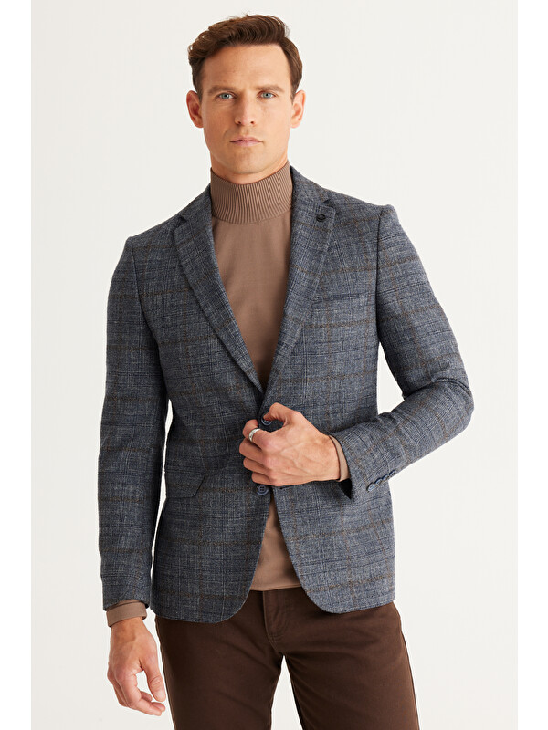 Altınyıldız Classics Erkek Mavi-Kahverengi  Dar Kesim Mono Yaka Kapak Cep Blazer Ceket