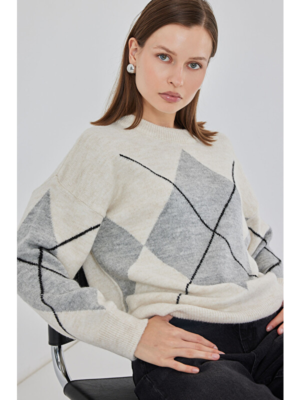 Bigdart 15895 Baklava Desenli Oversize Triko Kazak - M. Krem
