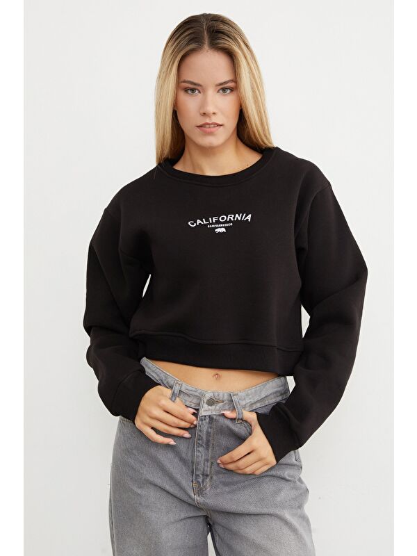 Fullamoda 3 İplik California Yazı Baskılı Crop Sweatshirt