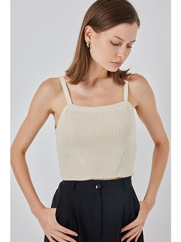 Bigdart Kadın Askılı Crop Top Bluz 15934 - Krem