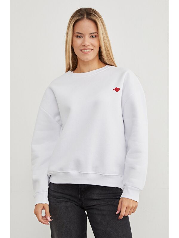 Fullamoda 3 İplik Kalp Baskılı Bisiklet Yaka Sweatshirt