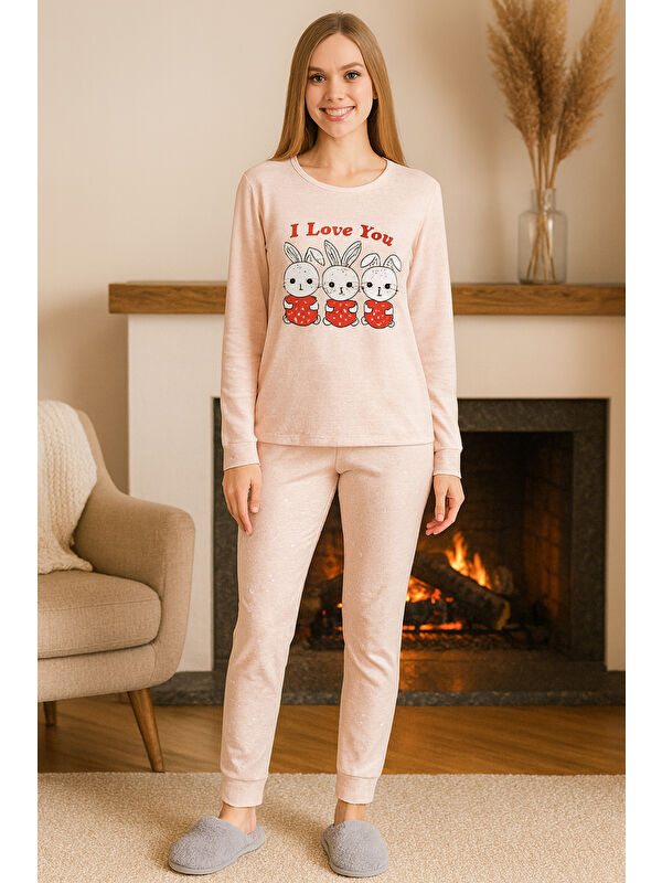 Remsa Kadın Tavşan Desen Suprem Pijama Takımı 0497 Pudra