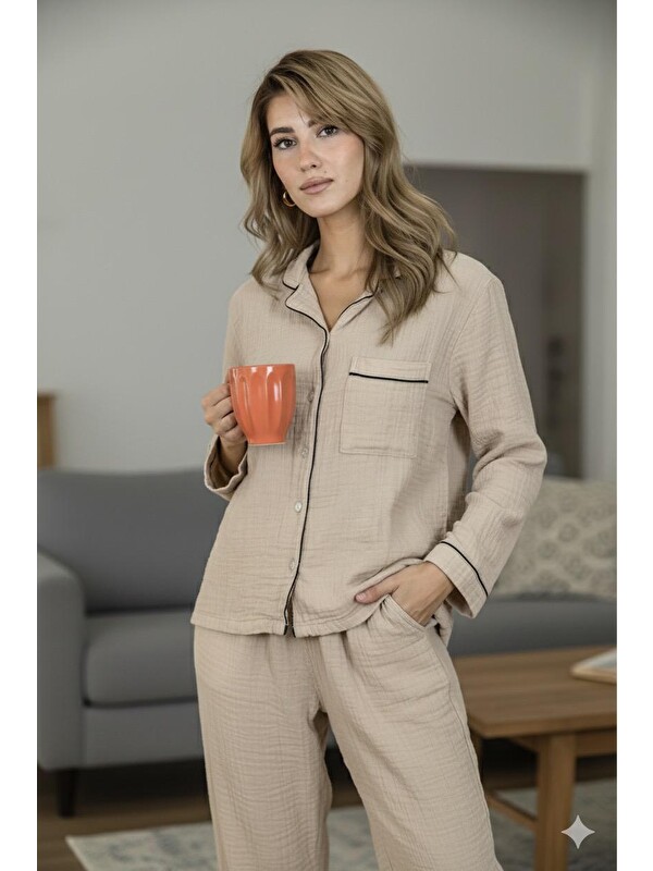 Varol %100 Pamuk Müslin Kadın Pijama Takımı - BEJ