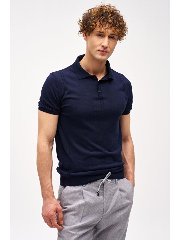igs Lacivert Slim Fit Dar Kalıp Polo Yaka Düz Kısa Kollu Triko Tişört