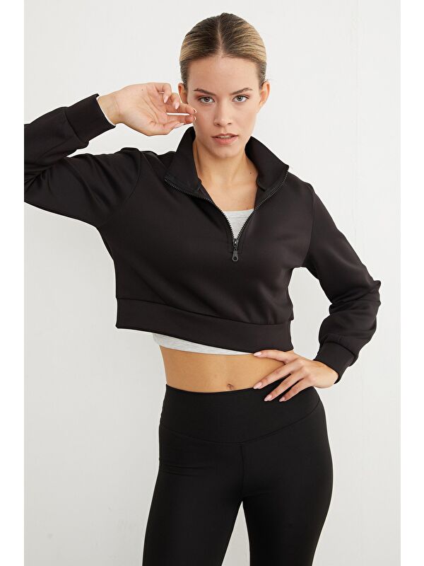 Fullamoda Yarım Fermuarlı  Dik Yaka Crop Sweatshirt