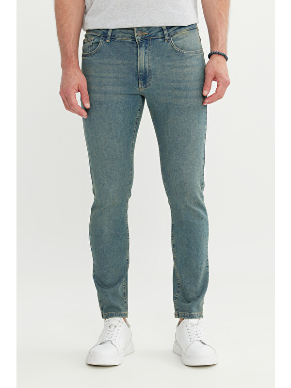 AC&Co / Altınyıldız Classics Erkek Petrol Mavisi Pamuklu Ekstra Slim Fit Dar Kesim 5 Cep Esnek Jean Denim Jean Pantolon
