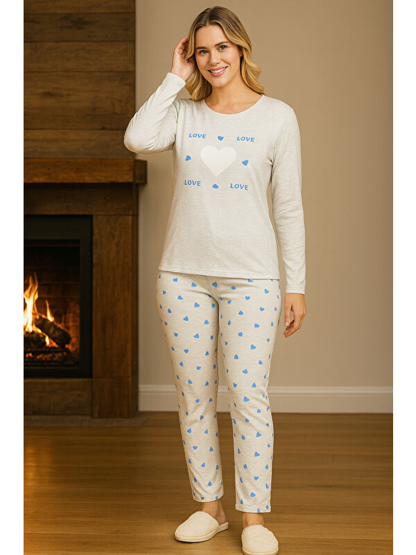 Remsa Kadın Kalp Desen Suprem Pijama Takımı 0458 Buz Mavi