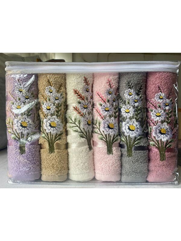 Çeyiz Diyarı Daisy Flosh Bordürlü Nakışlı 6 lı El Yüz Havlu Takımı