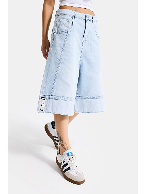 It's Basic Kadın Ice Renk 4s6-3 Baggy Fit Maxi Boy Özel Tasarım Denim Bermuda Şort